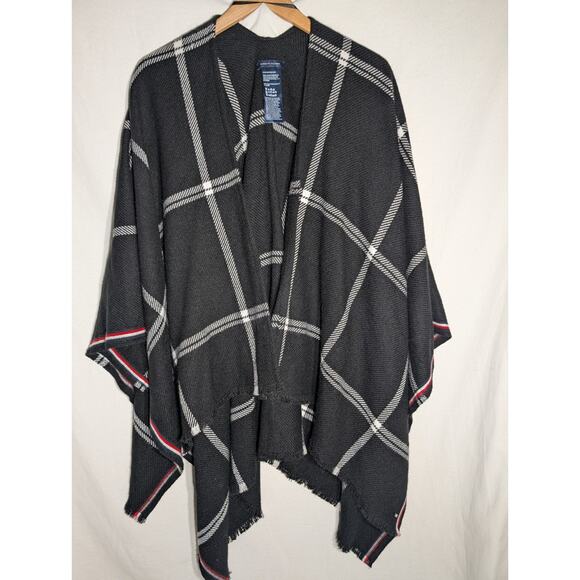 Tommy Hilfiger Womens Poncho Shawl One Size Black White Red Logo Classic Cozy - Picture 1 of 7